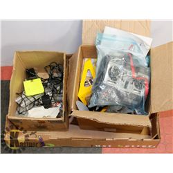 BOX OF RC PLANE PARTS, MOTORS, WHEELS, PROPELLER