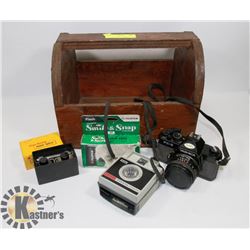 VINTAGE TOOL BOX WITH KODAK BROWNIE FIESTA CAMERA,