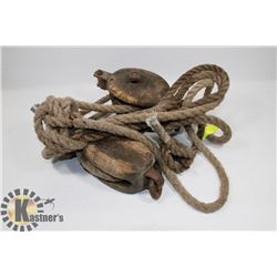 TWO ANTIQUE WOOD PULLEYS.