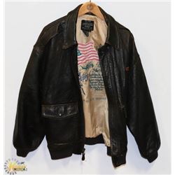 MENS SQUADRON LEATHER BOMBER JACKET WITH PICTURE.