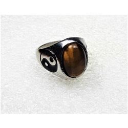 7)  STAINLESS STEEL OVAL TIGER'S EYE RING