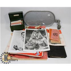 BOX OF ASSORTED 1950S MOVIE THEATER MEMORABILIA.