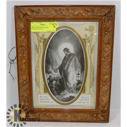 1900S CARVED WOOD FRAMED PICTURE OF JESUS.