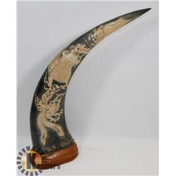 VINTAGE HAND CARVED WATER BUFFALO HORN