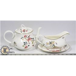 ROYAL ALBERT "CHINA GARDEN" TEAPOT AND GRAVY BOAT.