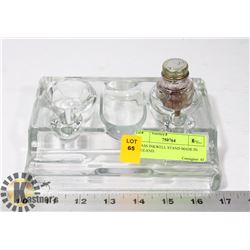 GLASS INKWELL STAND MADE IN ENGLAND.
