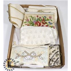 BOX WITH 4 BEADED BAGS, TAPESTRY AND MORE.
