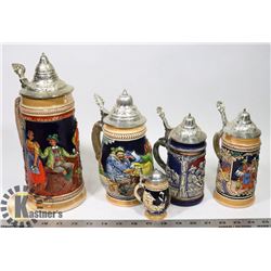 5 GERMAN STEINS - ORIGINAL GERZ 8, SMALLER STEIN,