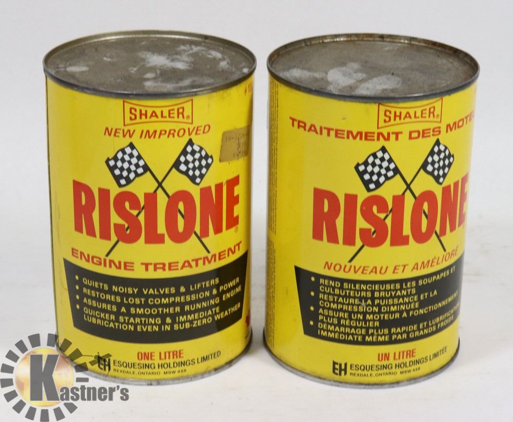 2 SHALER RISLONE RACING LOGO OIL CANS. FULL