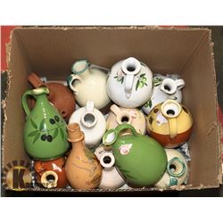 LARGE BOX OF CERAMIC HAND PAINTED LIQUOR DECANTERS