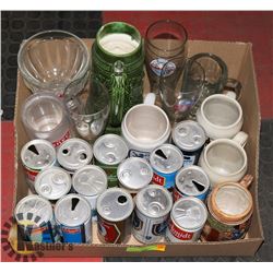 LARGE LOT OF VINTAGE BEER CANS, STEINS AND GLASSES