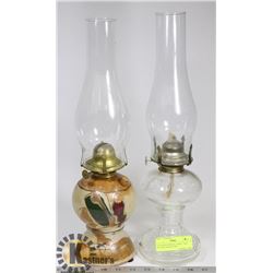 2 GLASS KEROSENE LAMPS - ONE POTTERY BASED, ONE