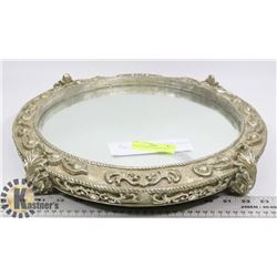 SILVER TRIMMED MIRROR TRAY.