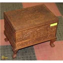 VINTAGE MAHOGANY CARVED TABLE  TOP BOX W/DRAWERS