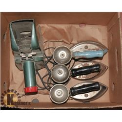 LOT WITH 3 VINTAGE STEAM IRONS AND PROJECTOR