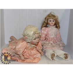 SET OF 2 PORCELAIN DOLLS & CLOTHES