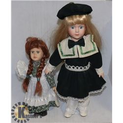 SET OF 2 PORCELAIN DOLLS WITH CLOTHING.