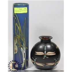 ARTIST SIGNED PERUVIAN DRAGON FLY VASE AND ART