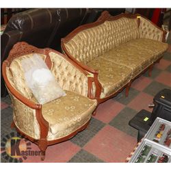 ANTIQUE WOOD CARVED AND UPHOLSTERED SOFA 93"