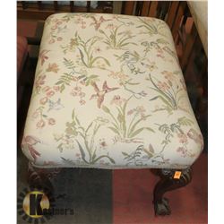 ANTIQUE WOOD AND UPHOLSTERED CLAW FOOT STOOL