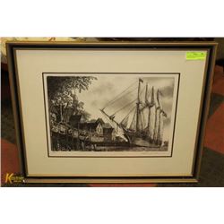 DRAWING OF 4 MASTED SCHOONER SIGNED BY ARTIST