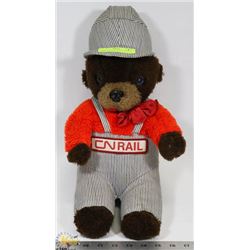 CN RAIL VINTAGE TEDDY BEAR IN STRIPED COVERALLS