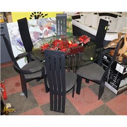 ROUND GLASS TOP DINING TABLE WITH 6 STRIPED CHAIRS