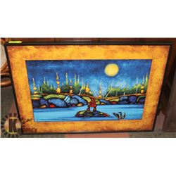 FRAMED LAKE SCENE PAINTING.