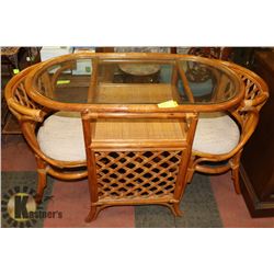OVAL WICKER & BAMBOO GLASS TOP TABLE WITH 2