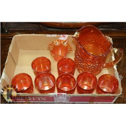 ORANGE CARNIVAL GLASS AND WATER PITCHER SET