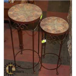 PAIR OF MATCHING METAL AND STONE TOP PLANT STANDS.