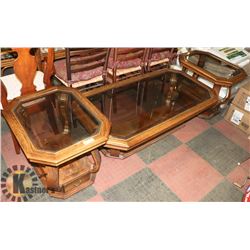 ESTATE SOLID WOOD AND GLASS TOP 3 PC COFFEE TABLE