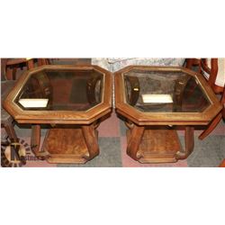 PAIR OF SOLID WOOD GLASS TOP END TABLES. FURNITURE