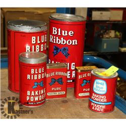 6 PC BLUE RIBBON BAKING POWDER COLLECTOR TIN SET