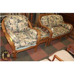 WICKER AND BAMBOO LOVESEAT 57" , CHAIR AND OTTOMAN
