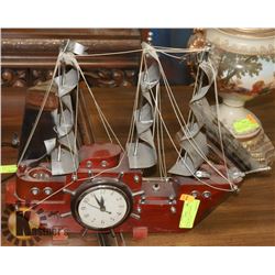 WOOD & METAL SHIP SHAPED MANTLE CLOCK.