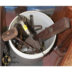 BUCKET OF ASSORTED ANTIQUE & VINTAGE TOOLS.