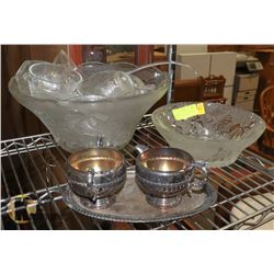 BOX WITH PUNCH BOWL SET AND SILVER PLATED CREAM &