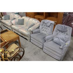 LOT OF 2 FABRIC LOVE SEATS WITH 2 LIGHT BLUE