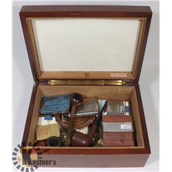 LARGE CIGAR BOX FILLED WITH LIGHTERS,  PIPES &