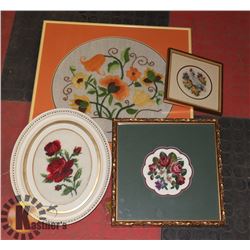 LOT OF 4 NEEDLE POINT/PETIT POINT HOMEMADE PICTURE