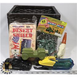 WICKER BASKET OF ASSORTED COLLECTIBLES