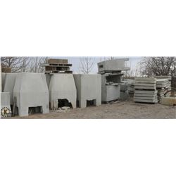 LARGE LOT OF PILLARS, GARBAGE CANS, AND BARRIERS