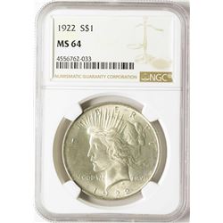 1922 $1 Peace Silver Dollar Coin NGC MS64