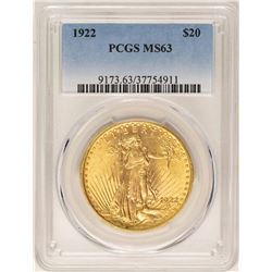 1922 $20 St. Gaudens Double Eagle Gold Coin PCGS MS63