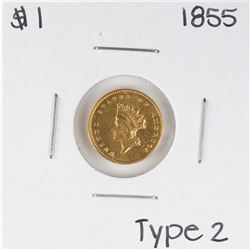 1855 Type 2 $1 Indian Princess Head Gold Dollar Coin