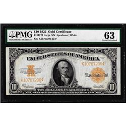 1922 $10 Gold Certificate Note Fr.1173 Large S/N PMG Choice Uncirculated 63