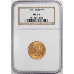 1908 $5 Liberty Head Half Eagle Gold Coin NGC MS63