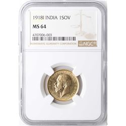 1918I India Sovereign Gold Coin NGC MS64