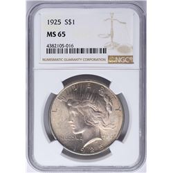 1925 $1 Peace Silver Dollar Coin NGC MS65 Nice Toning